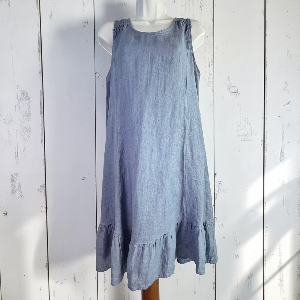 100% Linen Dress M Sleeveless Ruffle Hem Tie Back Beachy Made in Italy